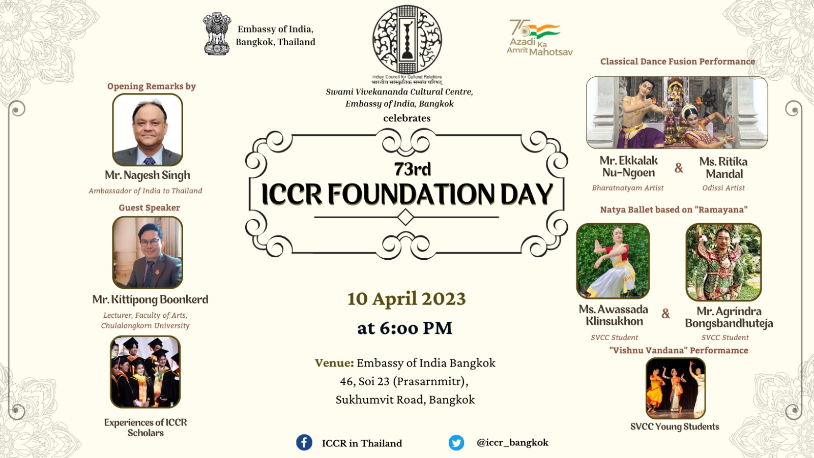 SVCC Embassy of India Bangkok celebrated the 73rd Anniversary of ICCR Foundation Day 2023 at the Embassy of India, Bangkok on 10 April 2023. 