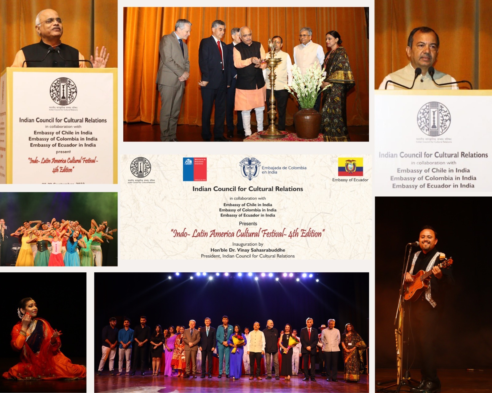 On 28 September 2023, President ICCR, Dr. Vinay Sahasrabuddhe, DG ICCR, Shri Kumar Tuhin along with the Head of Missions of Ecuador, Colombia and Chile in New Delhi, inaugurated the '4th Indo-Latin America Cultural Festival' in New Delhi.