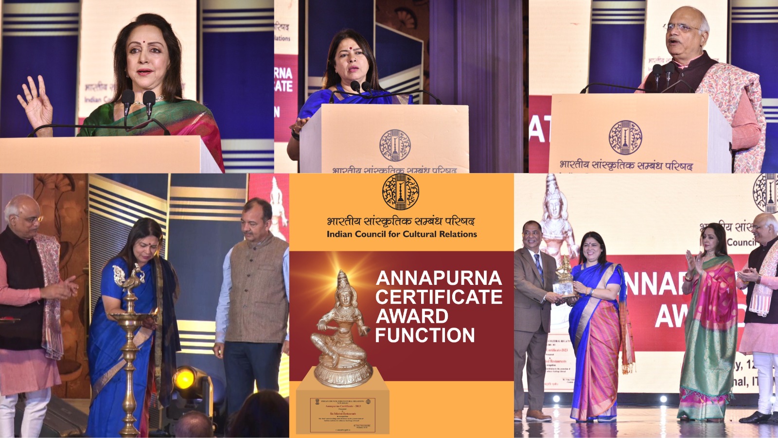 MoS for External Affairs&Culture,Smt. Meenakashi Lekhi and MP(Lok Sabha),Smt.Hema Malini presented ICCR’s ‘Annapurna Certificate’ to the winner restaurants from 6 countries,in the august presence of President,ICCR,Dr. Vinay Sahasrabuddhe on 12 Dec 23.