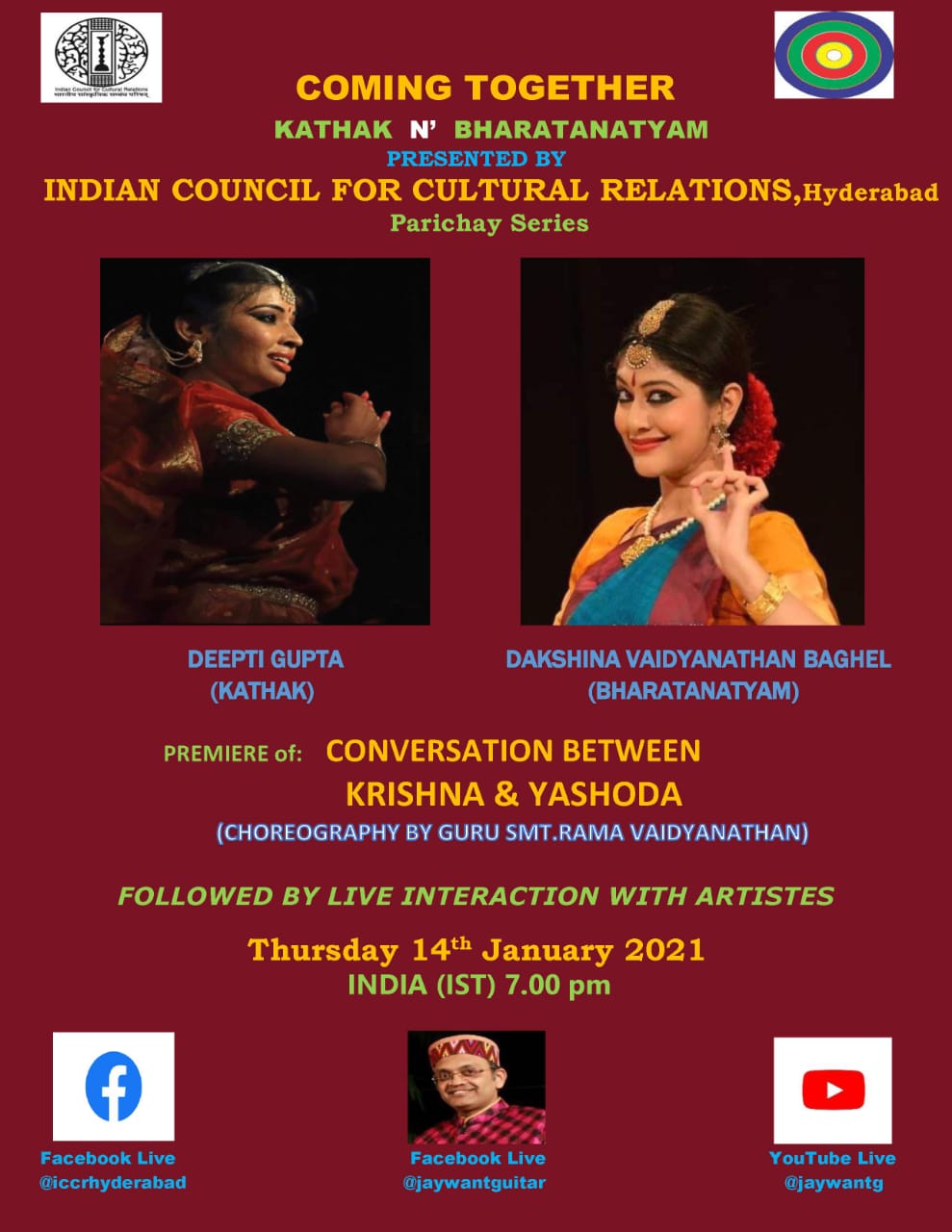 ICCR Hyderabad Is organizing a Kathak and Bharatanatyam performance under parichey series on 14 January 2021 from 7:00 .