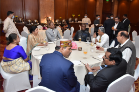 A dinner was hosted by Smt. Sumathi Vasudev, Deputy Director General(Special Projects) on behalf of DG, ICCR at Aftab Mahtab, Taj Mahal Hotel, New Delhi in honour of  Prof. Eghosa E. Osaghae on 7 March 2022 (Monday).